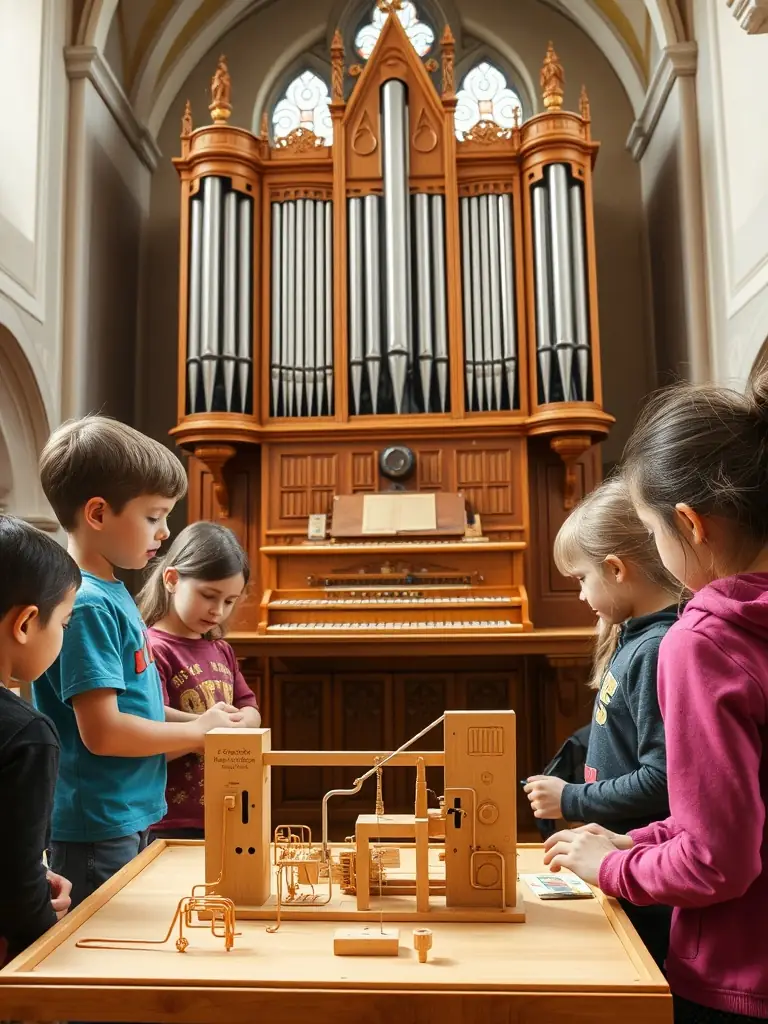 A photograph of a children's workshop focused on organ music, held in the Saint Jean church, with kids gathered around a simplified organ model, learning about its mechanics and sounds.
