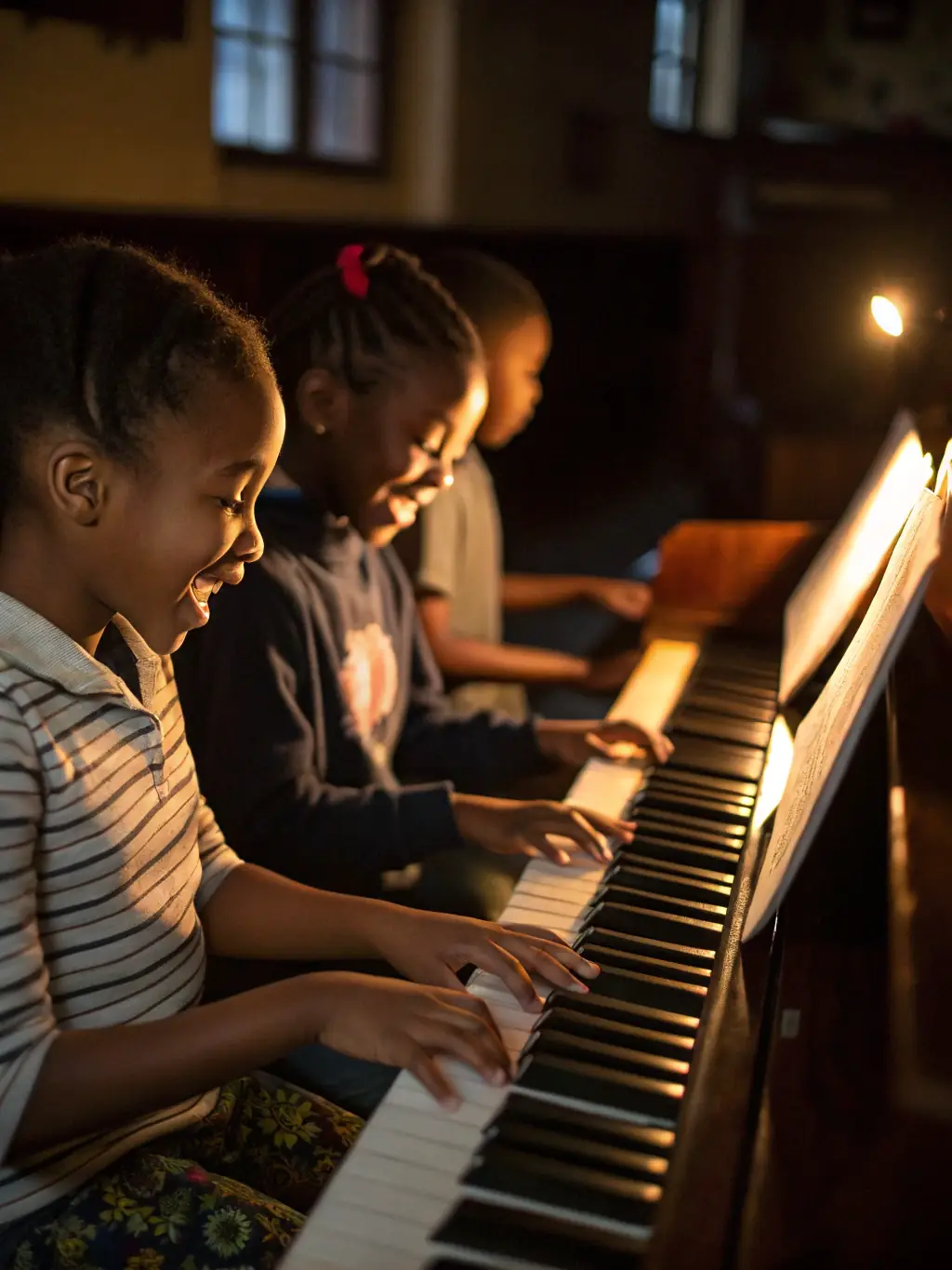 A high-angle, brightly lit photograph of a children's workshop focused on organ music, with kids gathered around a simplified organ model, learning about its mechanics and sounds. The setting is a classroom in Caen.