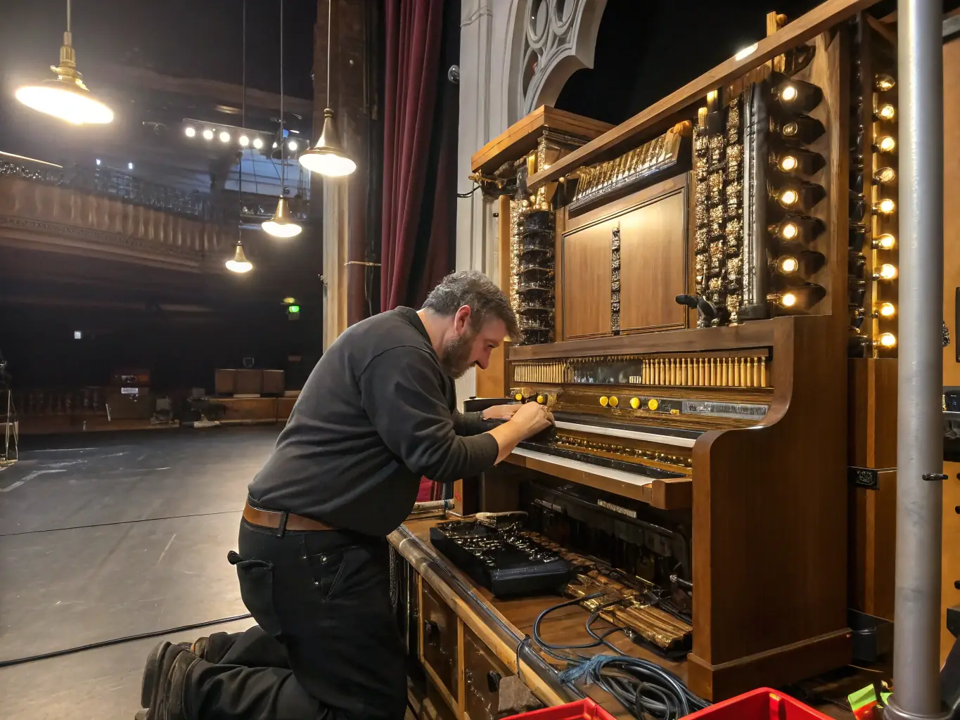 A photograph illustrating the ongoing restoration work on the pipes of the grand organ, with skilled technicians meticulously cleaning and repairing them, emphasizing the association's dedication to preserving the instrument.