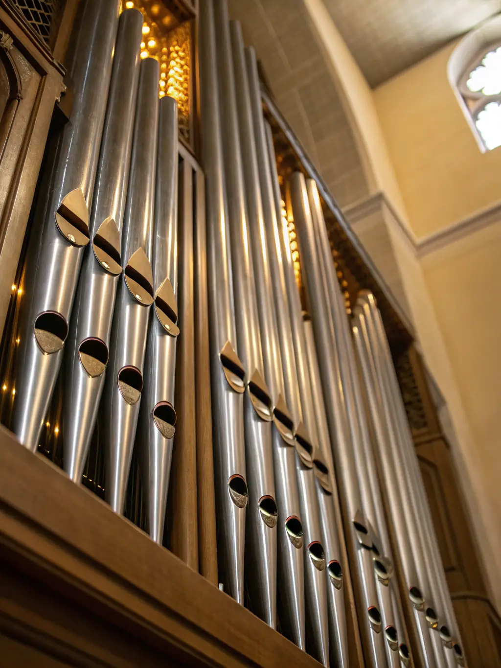 A photograph of a beautifully restored organ pipe, gleaming under soft lighting, symbolizing the preservation of musical heritage.