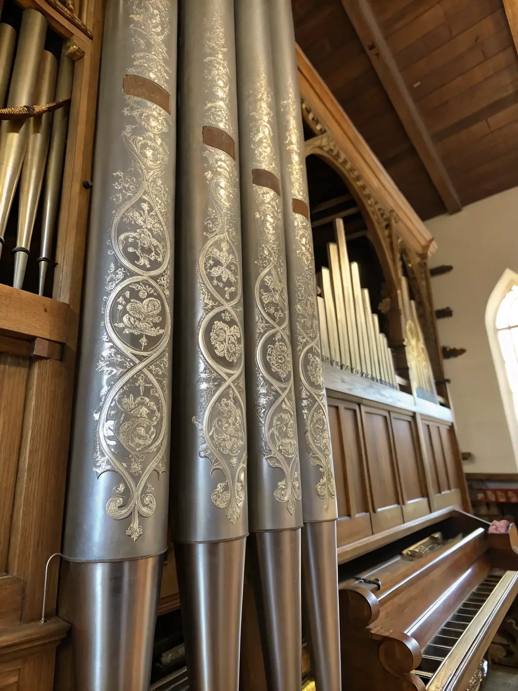 A close-up shot of volunteers working on the restoration of organ pipes, showing the intricate details of the instrument and the dedication of the team. The workshop is well-equipped.