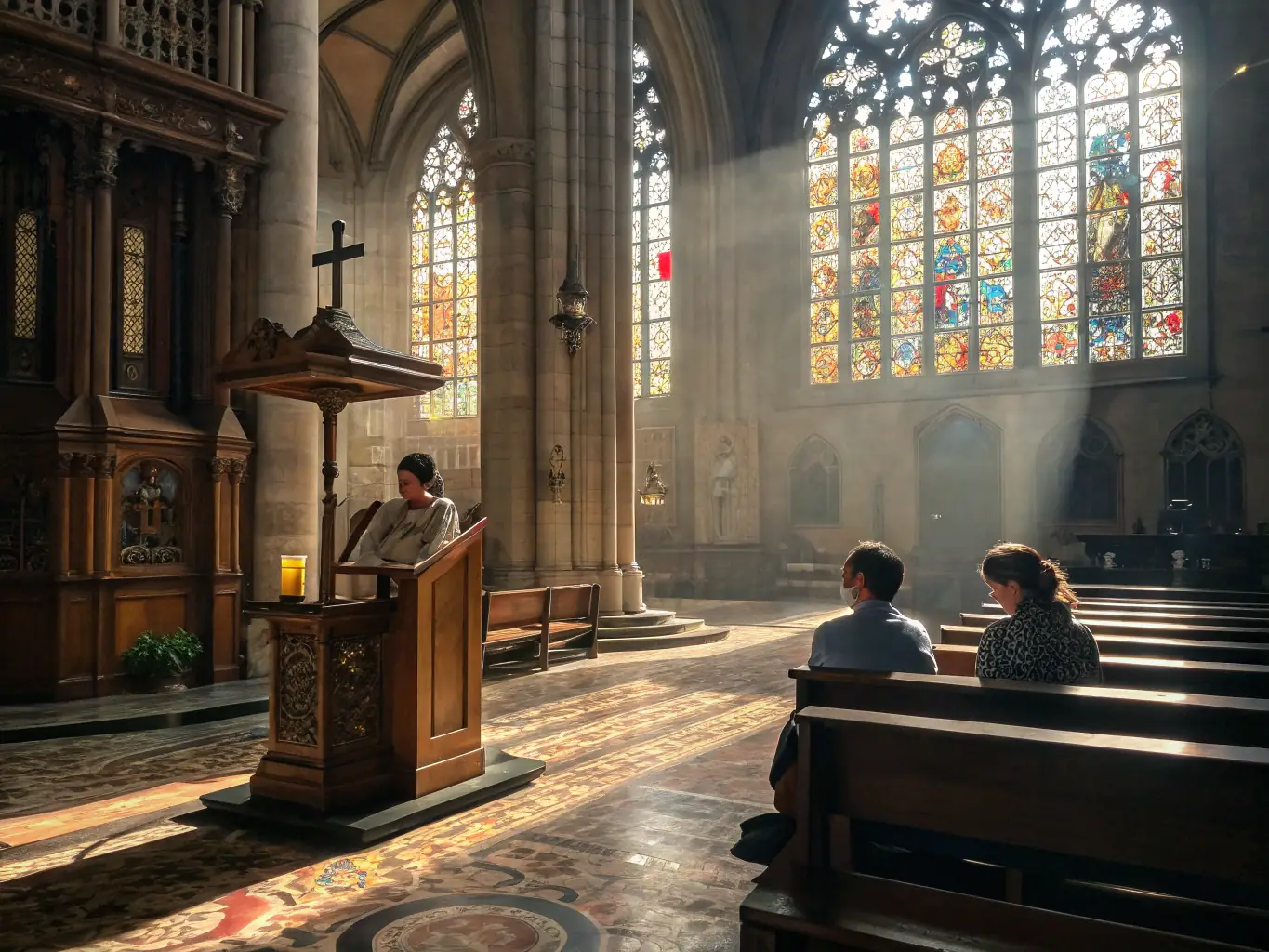 A photograph capturing the interior of Saint Jean church during a concert, focusing on the grand organ with musicians performing in the foreground, bathed in soft, warm lighting.