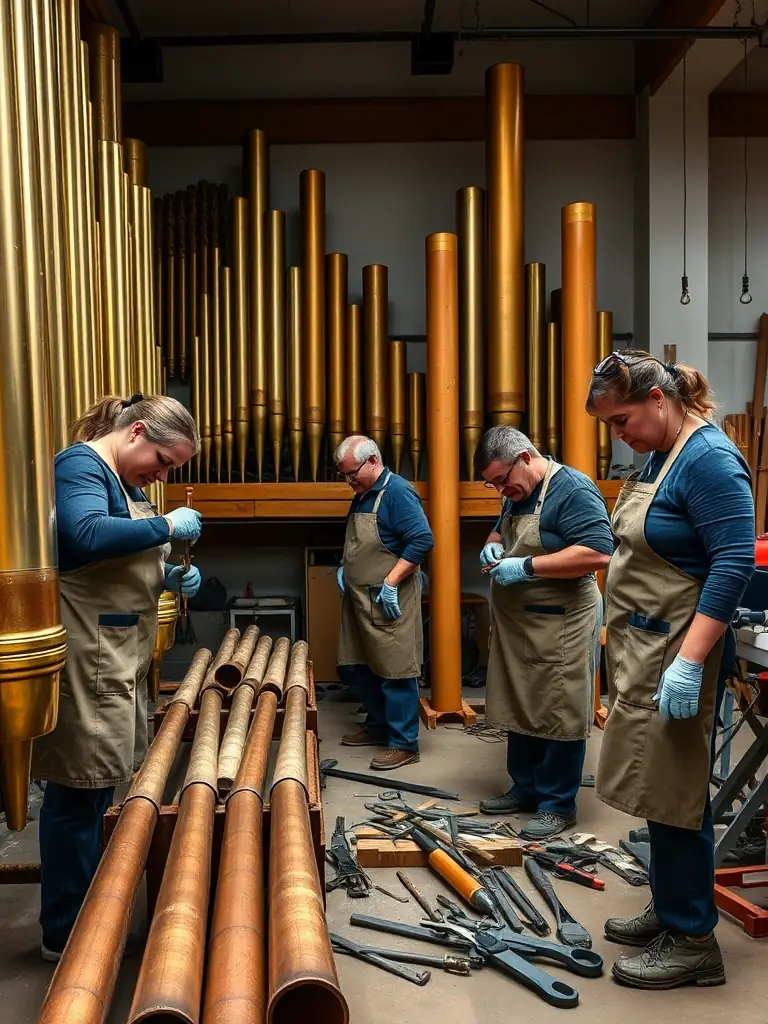 A photograph of volunteers working diligently on the restoration of the organ, highlighting the community involvement and dedication to the cause.