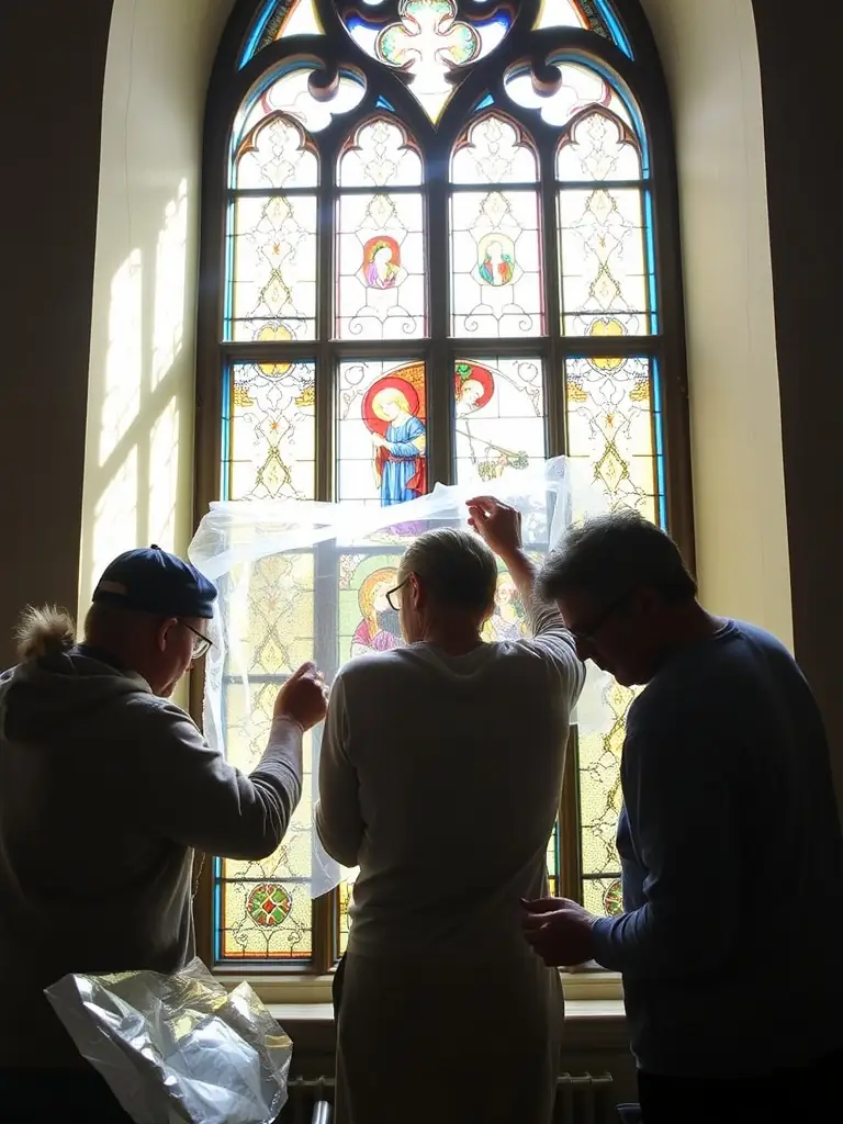 A photograph of volunteers working on the restoration of the Saint Jean organ, showcasing the intricate work involved in preserving this historic instrument.