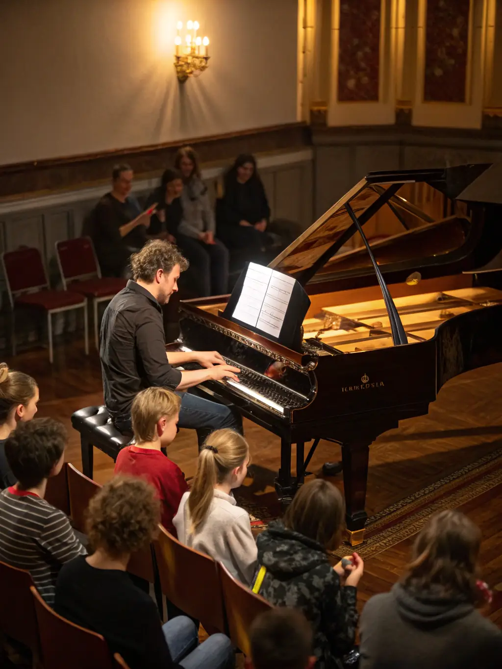 A photograph of a masterclass session with a renowned organist, showcasing them teaching advanced techniques to a group of students at the Saint Jean organ.